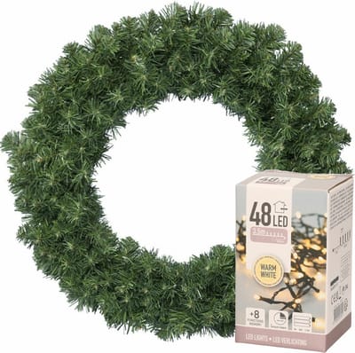 Decoris Kerstkrans groen - 35 cm diameter - verlichting warm wit - 48 lampjes