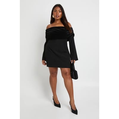 boohoo Dames Plus Fluwelen Omslag Bardot Getailleerde Minijurk | Zwart | Maat: 52