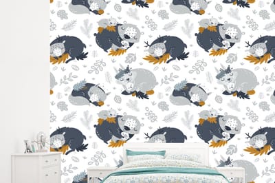 Behang - Fotobehang Patroon - Kinderen - Jongens - Dieren - Slapen - Breedte 245 cm x hoogte 220 cm
