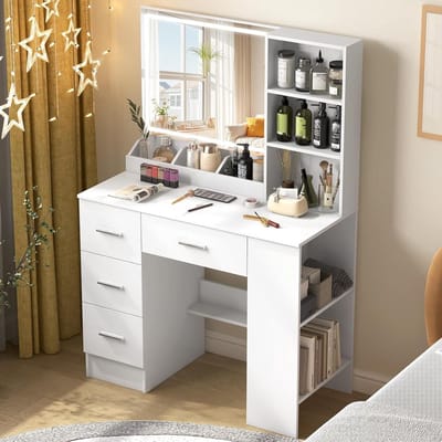 Kaptafel met Nachtkastje - Make-up tafel - Slaapkamer Organisatie - Aanraak LED Spiegel - 90x40x131 cm - Wit