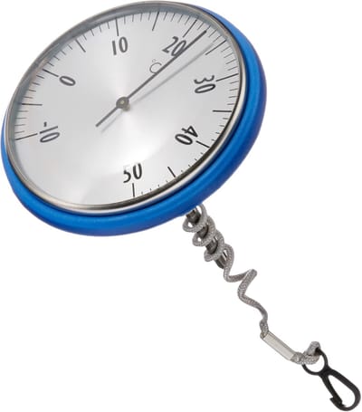 Analoge zwembadthermometer, 40.2005, geschikt voor zwembaden en vijvers, roestvrij staal, comfortabel afleesbaar, met bevestigingstouw, blauw.