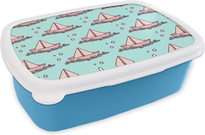 Broodtrommel Blauw - Lunchbox - Brooddoos - Golf - Boot - Patronen - Kinderen - Avontuur - 18x12x6 cm - Kinderen - Jongen