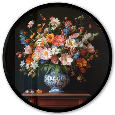 Poster in lijst Rond - Fotolijst 40x40 cm - Posters - Boeket - Roze - Bloemen - Vaas - Ronde posterlijst zwart - Decoratie - Wanddecoratie woonkamer - Muurdecoratie slaapkamer
