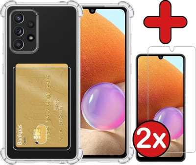 Hoesje - Geschikt voor Samsung Galaxy A32 5G - Met 2x Screenprotector - Pashouder - Kaarthouder - Back Cover - Telefoon Hoes Shockproof - Siliconen Case - Shock Proof - Pasjes Houder - Telefoonhoes - Transparant
