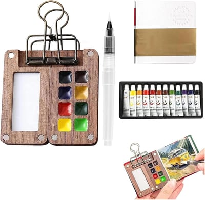 MDUG Mini aquarelverfset voor op reis - Draagbaar palet met 8 vakjes - Palet met 12 kleuren aquarelverf, penselen en een mini-schilderijenboekje - Reisaquarelset voor de kleine kunstenaar met metalen clip