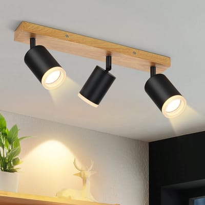 NETTLIFE Opbouwspot Hout - GU10 Fitting - L 41cm - Zwart - 3-Lichts - 350° draaibaar - Vintage Plafondlamp - Plafondspot - voor Hal | Slaafkamer | Kantoor | Woonkamer - Zonder Lichtborn
