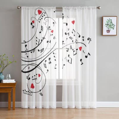 Muzieknoten en Harten Transparant Gordijn voor Woonkamer Modern Voile Tule Raamgordijnen voor Slaapkamer Keuken Draperieën 135W x 137H(cm)