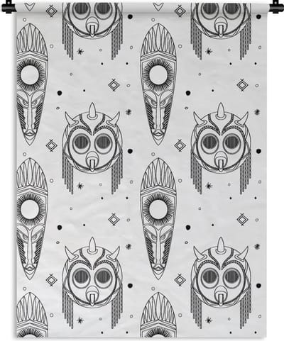 Wandkleed - Wanddoek - Maya - Maskers - Zwart-Wit - Patroon - 90x120 cm - Wandtapijt