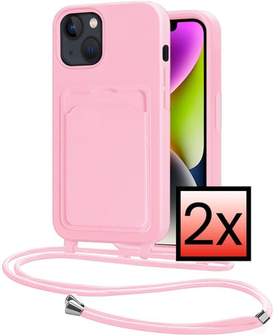 Hoes Geschikt voor iPhone 13 Hoesje Pasjeshouder Cover Met Koord Case Siliconen Hoes Met Telefoonkoord en Kaarthouder - Lichtroze - 2 PACK