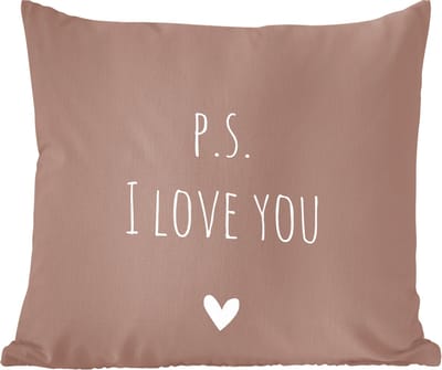 Sierkussens - Kussentjes Woonkamer - 60x60 cm - Engelse quote "P.S. i love you" met een hartje tegen een bruine achtergrond