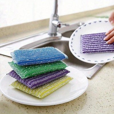 Keukenreinigingsspons, roestvrijstalen schuursponsdoek, dubbelzijdige reinigingsspons voor het schoonmaken van keukengerei. 4PCS-random color veelkleurig