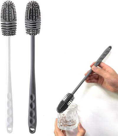 Thijox - Set van 2 flessenborstels met lange handgreep, siliconen afwasborstels voor effectieve reiniging van flessen, glazen en meer in keuken, campi
