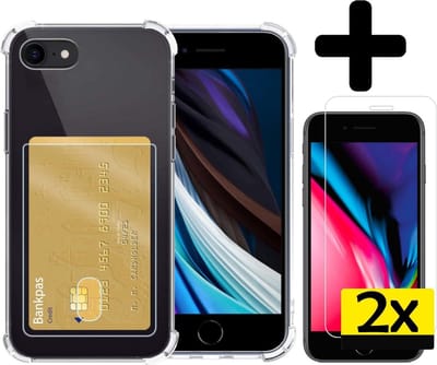 Hoesje - Geschikt voor Apple iPhone 7 - Met 2x Screenprotector - Pashouder - Kaarthouder - Telefoon Hoes Shockproof - Siliconen Case - Back Cover - Shock Proof - Pasjes Houder - Telefoonhoesjes - Transparant