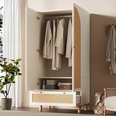 MODFU Kleerkast - Landelijke Stijl - 2 Deuren - Rieten Details - Wit - 180,5x85,5x52 Cm