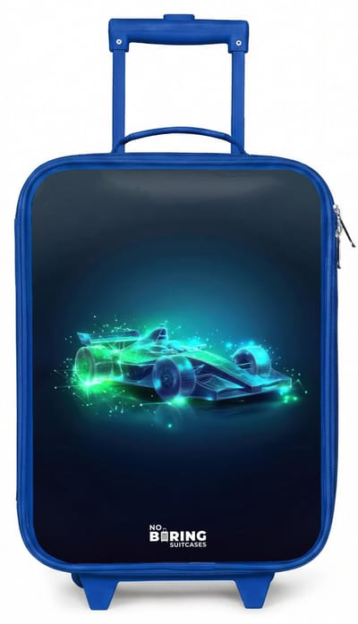 NoBoringSuitcases.com® - Kinderkoffer blauw - Kindertrolley jongen - Neon racewagen in digitale stijl - Koffer kind lichtgewicht - Reiskoffer trolley voor kinderen - Koffertje met lichtgevende wieltjes - Rolkoffer