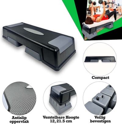 KRAKEN Fitness Step - Verstelbaar Stepbankje - Aerobic Stepper Cardio Stepbank Bodypump - Anti-Slip Oppervlak - 2 Standen Hoogte 12 of 22 cm - Platform 63 x 24,5 cm - Kunststof - Max. Belasting 200 kg - Verstelbaar in 2 Hoogtes - Grijs Zwart