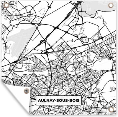 Tuin poster Plattegrond - Kaart - Aulnay-sous-Bois - Frankrijk - Stadskaart - Zwart wit - 200x200 cm - Tuindoek