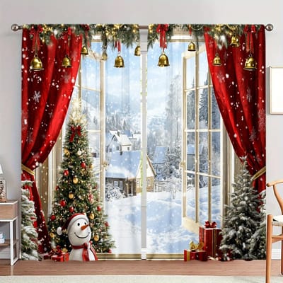 2 stuks Kerst vieren Bedrukte Gordijn voor Kerst Huisdecoratie - Tunnelgordijn Raambekleding voor Slaapkamer, Kantoor, Keuken 52.5cmX116cm X 2pcs white