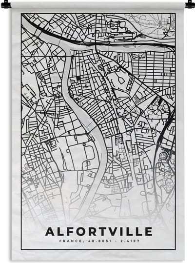 Wandkleed - Wanddoek - Stadskaart - Frankrijk - Kaart - Plattegrond - Alfortville - Zwart wit - 120x180 cm - Wandtapijt