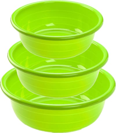 Voordeelset multifunctionele kunststof ronde teiltjes groen in 3-formaten - 11-20-30 liter inhoud