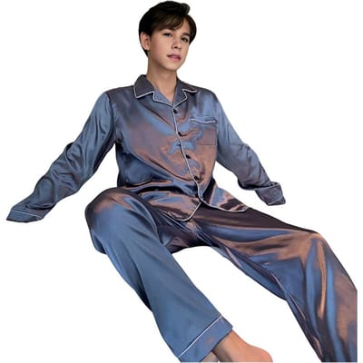 2 stuks/set Heren Zomer Pyjama Set Revers Lange Mouw Shirt Elastische Taille Zakken Wijde Pijpen Broek Set Effen Kleur Enkelknoops Slee L