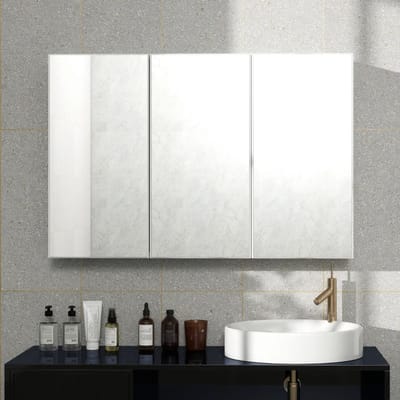 Merax Badkamer Spiegelkast – Wandkast met 3 Deuren en 5 Opbergvakken – 90×15,5×60 cm – Wit Hangende Badkamerkast