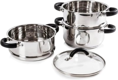 Stoompot – Stoompan – Stoomkokers – Stoomkoker Baby – Stoom Koker – met Pan – 18CM – 3-Delig – Zilver