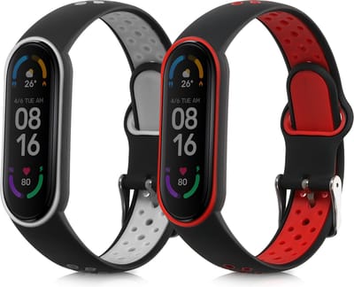 kwmobile 2x horlogebandjes geschikt voor Xiaomi Mi Smart Band 6 / Mi Band 6 / Band 5 bandje - Smartwatch bandjes van TPU - Activity tracker horloge band in zwart / grijs / zwart / rood