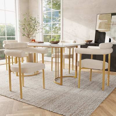 Eetkamerstoelen Set van 4 - Moderne eetkamerstoel - Beige -Comfortabele stoel - Ronde zitting stoel - Stoel voor eetkamer woonkamer kantoor - Luxe stoel - Gestoffeerde stoel - Gouden stoelpoten - Keukenstoel - Moderne designstoel