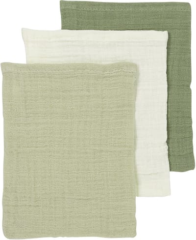 Meyco Baby Uni Washandjes - 3 Stuks - Pre-Washed Hydrofiel - Naturel/Soft Olive/Olive Green
