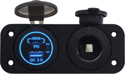 ProRide 12V USB/USB C Stopcontact 2 Poorten Inbouw met Schakelaar - 65W - QC3.0 - met 12/24V Sigaretten stopcontact - Blauw