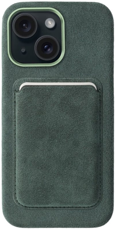 Rosso Avanti Hoesje Geschikt voor Apple iPhone 15 met Magnetische Kaarthouder | Compatibel met MagSafe / Qi2 | Echt Italiaans Alcantara | Back Cover en Wallet | Groen