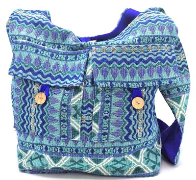 Hobotas van Geweven Stof met Etnisch Patroon - Schoudertas van Stof met rits - Blauw - (bxhxd) ca. 37cm x 33 cm x 10cm