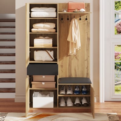 OKWISH Garderobeset – Halmeubel Met Spiegel En Zitbank – 5 Kledinghaken – 2 Schoenvakken Voor 7–10 Paar – 98,5×38×191 cm – MDF Zwart+Lichtbruin