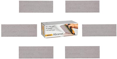 Mirka Abranet Net Schuurstrips 70 x 198 mm klittenband / Mix-pack 5 stuks van elke korrel 80, 120, 180, 240, 320, 400 / 30 stuks / voor het schuren van hout, vulmiddel, vernis, kunststof