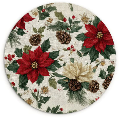 WallCircle® Wandcirkel 120x120 cm - Muurcirkel Feestelijk - Textielpatroon - Kerstbloemen - Kleurrijk - Muurdecoratie woonkamer - Wanddecoratie slaapkamer - Kamer decoratie accessoires - Ronde schilderijen XXL