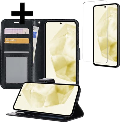 Hoesje - Met Screenprotector - Geschikt voor Samsung Galaxy A35 - Luxe Pasjeshouder - Bookcase Portemonee - Flip Case - Kunstleer Book Case - Flipcase - Book Cover - Walletcase - Portemonneehoes - Telefoonhoesjes - Zwart