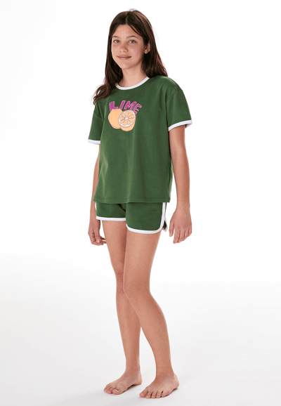 Korte pyjama van sweatshirtstof, limoen-olijfgroen - Teens Nightwear 140