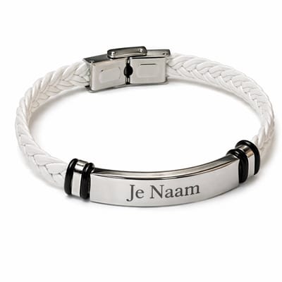 Armband met graveer, Armband met naam, Gepersonaliseerde gevlochten armband met naamgravure - wit-zilver design, Armband met naamplaatje ,graveerarmband