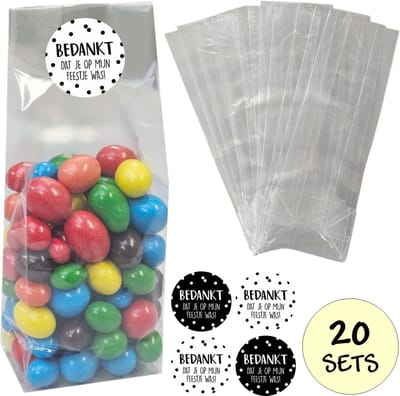 20x Uitdeelzakjes Met Sluitstickers - 20 Stickers & 20 Zakjes - Blokbodemzakjes - Cellofaanzakjes - Traktatie Blokbodem Zakjes - 80 x 50 x 250mm - 20 Sets - Bedankt Feestje