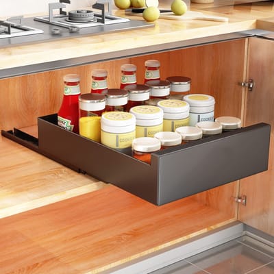 Unyqoos ® Uittrekbare en Telescopische Lade Organizer voor Keukenkasten zonder Boren of Spijkeren, Zwarte Afwerking