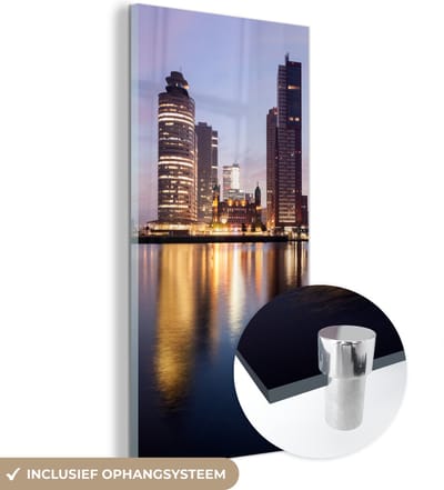 MuchoWow® Glasschilderij 20x40 cm - Schilderij acrylglas - Rotterdam - Water - Wolkenkrabber - Foto op glas - Schilderijen