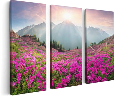 Artaza Canvas Schilderij Drieluik Rhododendron Bloemenveld In De Alpen - 120x80 cm - Wanddecoratie Woonkamer - Schilderijen - Muurdecoratie