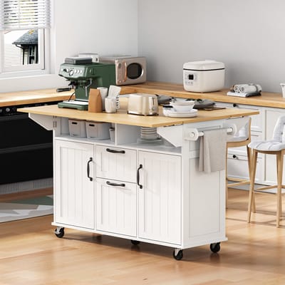 MODFU Keukeneiland Met Wielen En Uitklapbaar Tafelblad - Moderne Stijl - Voor Keuken En Eethoek - MDF - Wit En Naturel - 120 x 40-80 x 92 cm