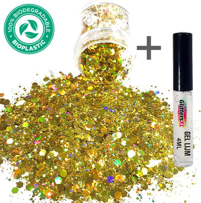 GlittersXL - Chunky Glitters (Goud) + Glitter Huid Lijm [Volume 8g - Festival Jewels Glitter Outfit Lichaam en Gezicht - Make-up Diamond Dots Face Body - Diamantjes Strass Steentjes - Kinderen Volwassenen Dames Makeup Tattoo Mastix Schmink]