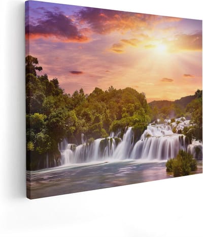 Artaza Canvas Schilderij Zonsondergang - 50x40 cm - Wanddecoratie Waterval - Muurdecoratie Landschap - Kamer Accessoires Bos