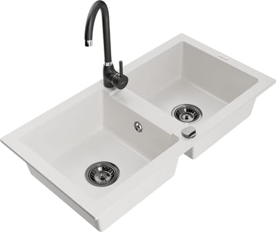 Mexen Mario granieten gootsteen 2-kamer met keukenkraan Telma, wit - 6504-20-670200-70