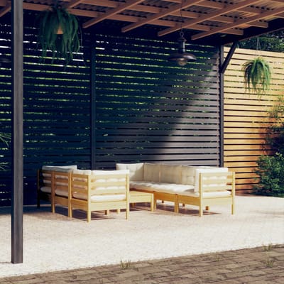 vidaXL - 8-delige - Loungeset - met - crèmekleurige - kussens - massief - grenenhout