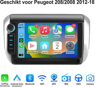 Junsun Android 15 Draadloze CarPlay & Andriod Auto Autoradio Geschikt voor Peugeot 208/2008 2012-18 - 8-inch Touchscreen - Bluetooth - GPS Navigatiesystem - WiFi - Stuurwiel bediening - RDS - FM - Handsfree bellen