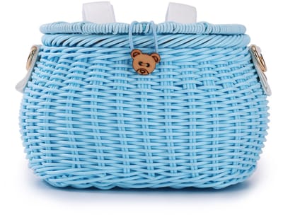 Fietsmand - Kinderfietsmand - Handgevlochten Fietsmand voor Kinderen met Deksel en Schouderriem - Afneembaar - Voor 12-20 Inch Fietsen - Blauw